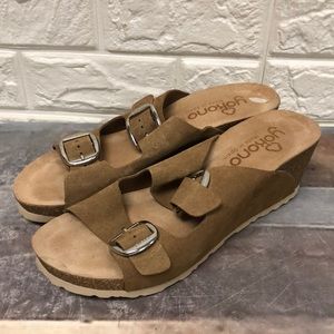 Yokono‎ Tan Buckle Wedge Slide On Wedge Sandals women’s size 9 cork